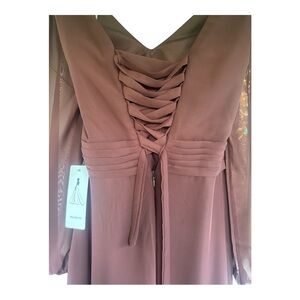 Elegant long sleeve, formal Lace-Up Back Dress in dark brown. Size 8.